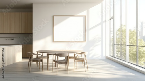 A modern dining room with a round table and chairs, featuring large windows and a minimalistic kitchen. photo