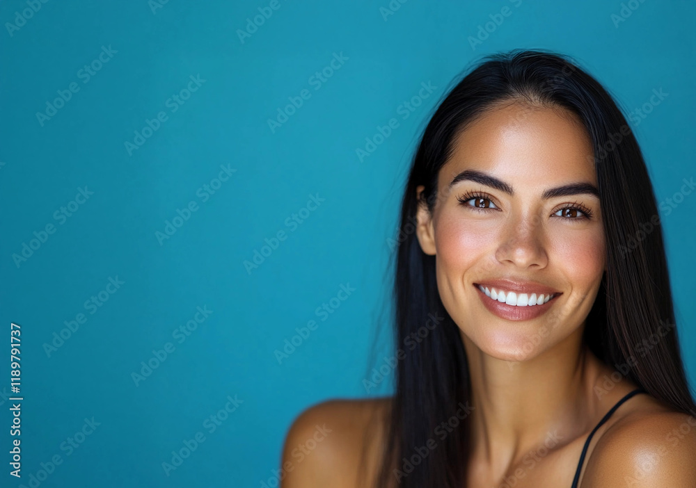 portrait headshot of 40 year old latina model with smooth long hair for skincare or hair care ad on blue background with space for text or logo portrait headshot of 40 year old latina model with smooth long hair for skincare or hair care ad on blue background with space for text or logo