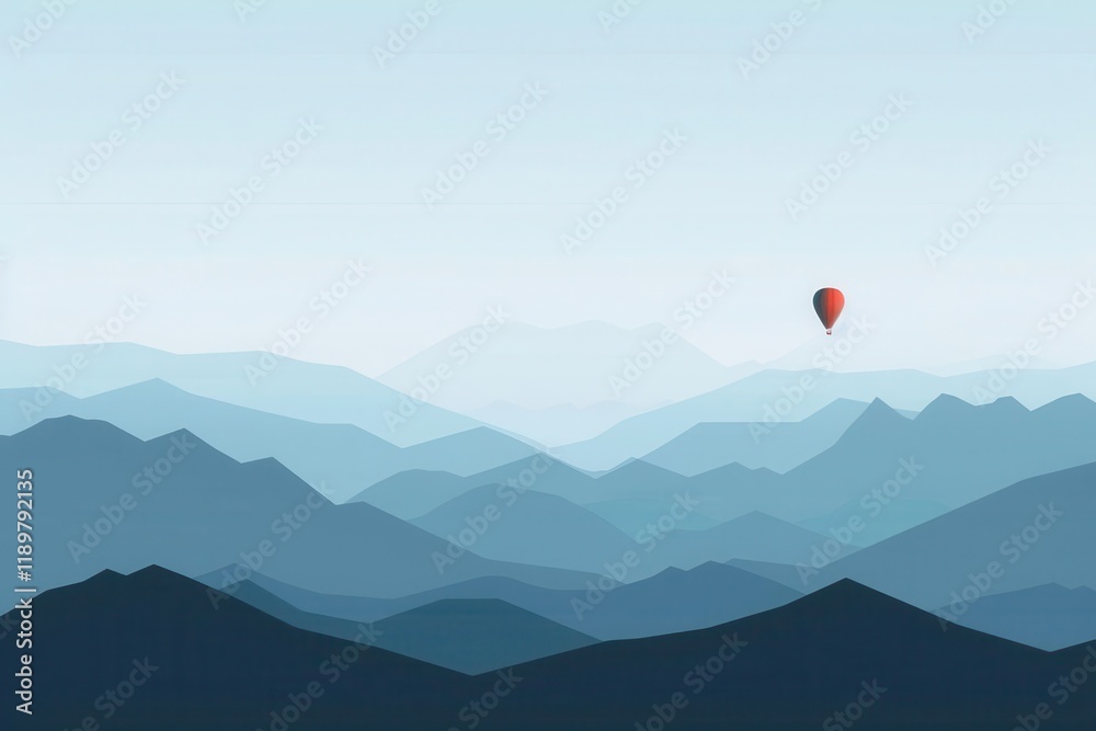 A serene landscape featuring layered mountains and a solitary hot air balloon in the distance. A serene landscape featuring layered mountains and a solitary hot air balloon in the distance.