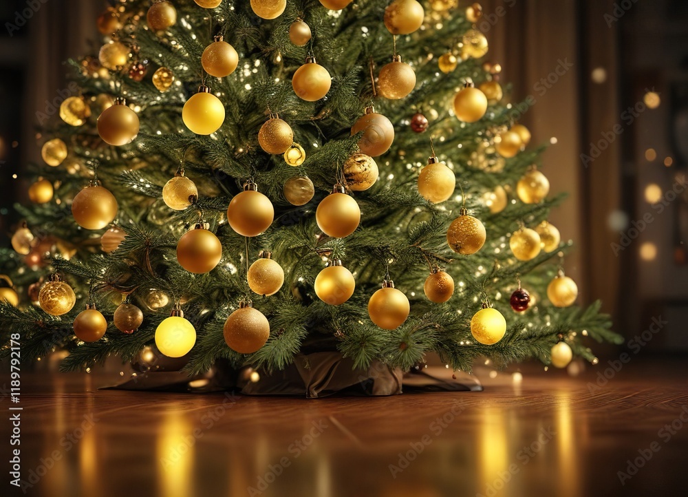 Naklejka premium Yellow lights and ornaments scattered across a dimly lit Christmas tree against an abstract bokeh background, bokeh, christmas, tree