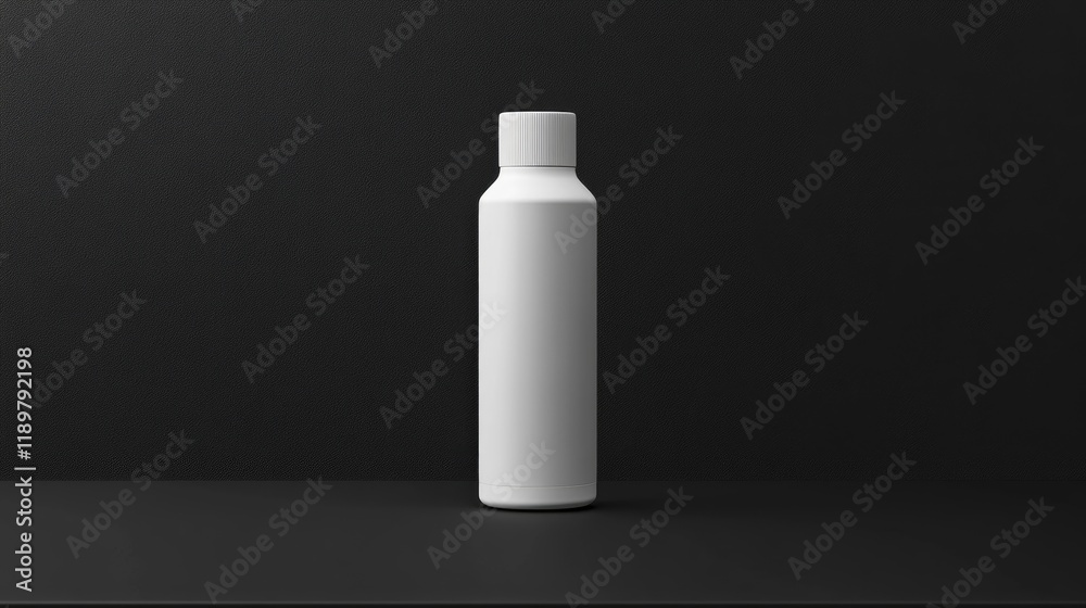 A minimalist white water bottle on a monochrome black tabletop. A minimalist white water bottle on a monochrome black tabletop.