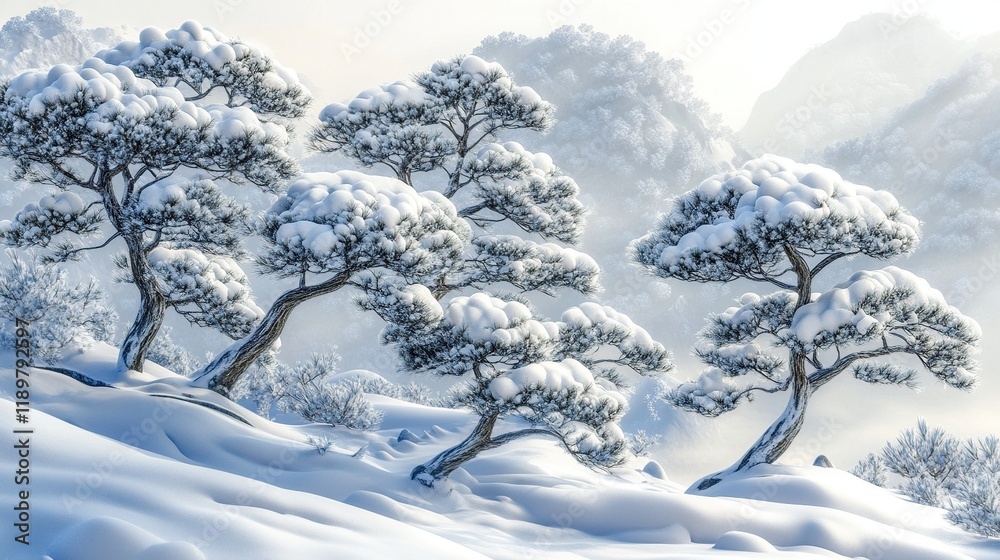 Winter Wonderland: Snow-Covered Pines in a Frosty Mountain Landscape