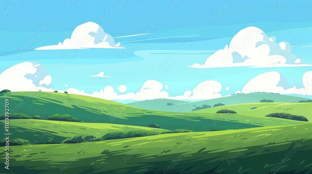 Fototapeta premium A serene landscape featuring rolling green hills under a bright blue sky with fluffy clouds.