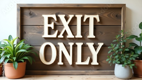 exit only is boldly displayed in a rustic, hand-painted style on a wooden signboard background