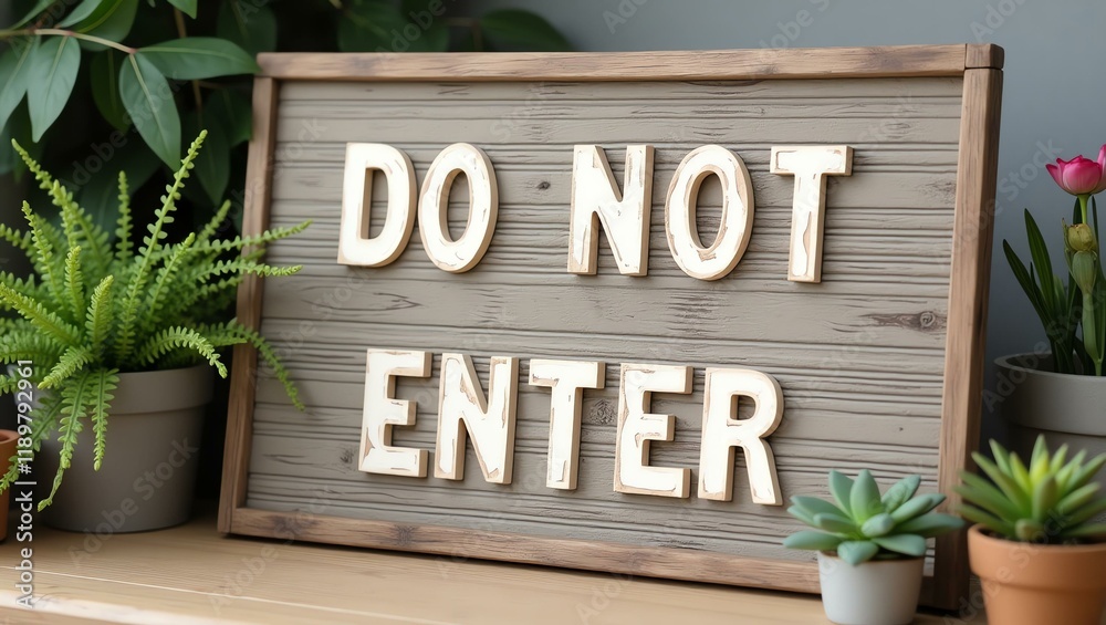 Obraz premium do not enter is boldly displayed in a rustic, hand-painted style on a wooden signboard background