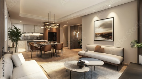 A modern home living room featuring a stylish eating table with chairs, a sleek drawer for storage, and a window that allows natural light to brighten the space. photo