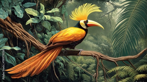 Majestic Golden-Crowned Bird in Lush Tropical Rainforest
