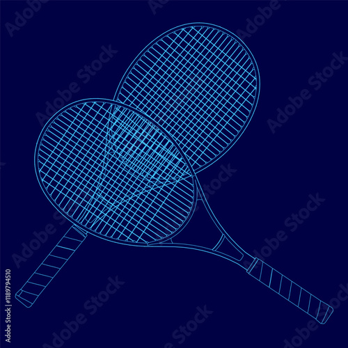 Tennis racket is shown in blue with a handle. The racket is in the middle of a blue background