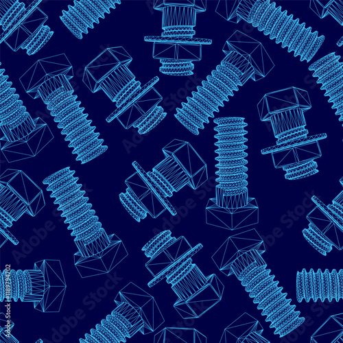 Blue pattern of various types of bolts and screws. The pattern is intricate and detailed, with each bolt and screw clearly visible