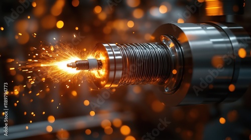 Metal machine part ignites in action shot. Powerful combustion sparks, fiery energy surround intricate engineering. Dynamic machine-building process. Futuristic tech innovation. Progress in
