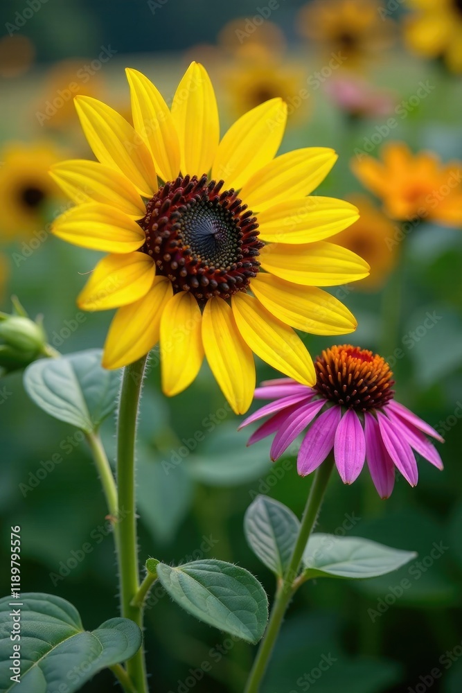 A yellow sunflower with purple coneflower in full bloom, blossoms, countryside, flowers A yellow sunflower with purple coneflower in full bloom, blossoms, countryside, flowers