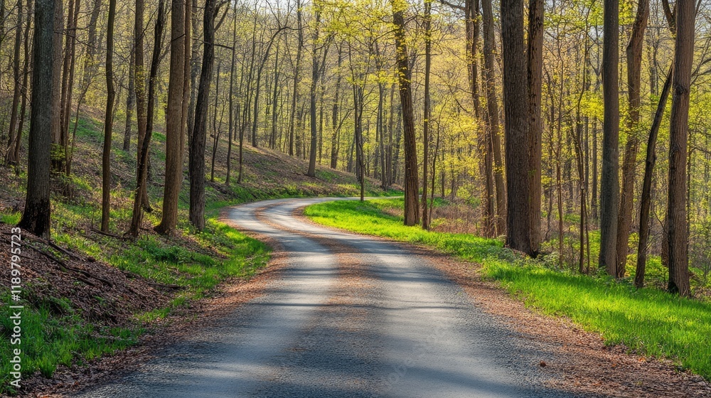 A scenic road winding through a forest, with sunlight streaming through the canopy. A scenic road winding through a forest, with sunlight streaming through the canopy.
