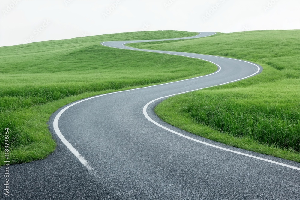Obraz premium Empty winding road through rich green field. Pathway curves gently through vibrant grass. Smooth asphalt road stretches into horizon. Serene, tranquil rural landscape. Ideal for travel, journey