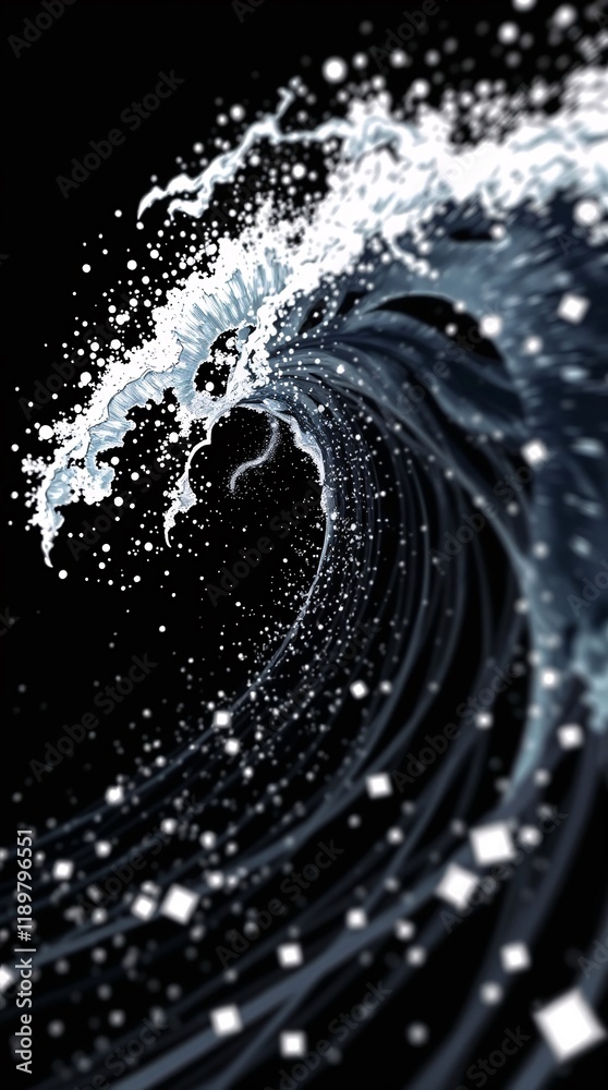 Obraz premium Wallpaper illustration of close-up blurred black wave with particles effect.