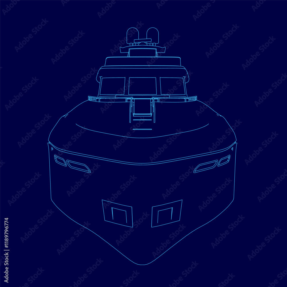 Blue boat outline. The boat is shown in a blue drawing. Front view Blue boat outline. The boat is shown in a blue drawing. Front view