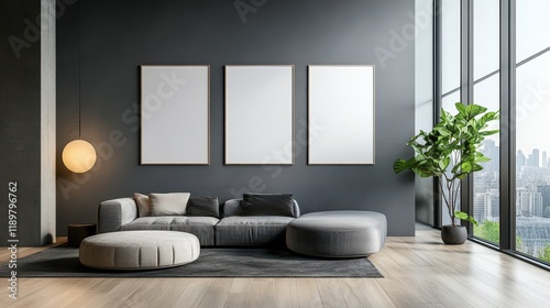 A modern living room interior featuring empty posters on the wall, wooden flooring, and stylish furniture. photo