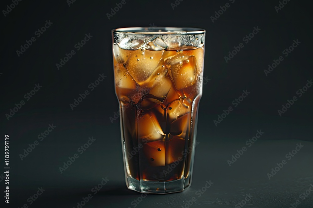 High Detail Picture of Glass Cold Brew Coffee with Ice and Milk on Black or Dark Background High Detail Picture of Glass Cold Brew Coffee with Ice and Milk on Black or Dark Background