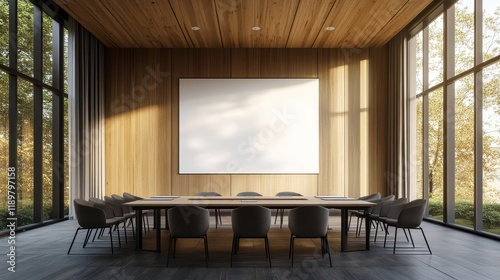 A modern meeting room featuring a large window, a blank white poster on the wall, wooden ceiling and floor, and contemporary furniture, showcasing a clean and stylish office design. photo