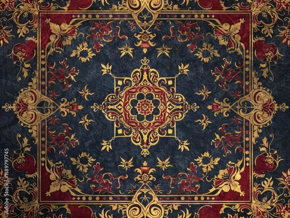Fototapeta premium A Luxurious Vintage Rug Design with Intricate Gold and Red Patterns