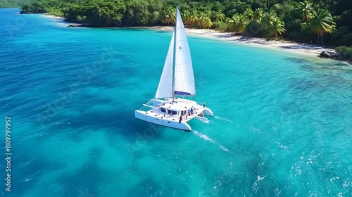 Catamaran sailing tropical island beach