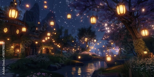 A serene night scene with glowing lanterns illuminating a tranquil landscape by a waterway.