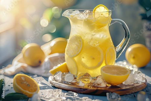 Vibrant Image of Fresh Lynchburg Lemonade in a Jug with Ice, photo