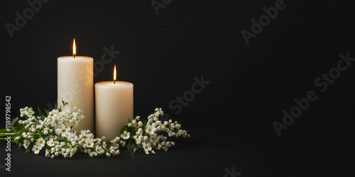 Burning Candles And Lily Flowers On Black Background With Copy Space. Funeral Concept The Emotional Relief Of Pre-Arranging A Funeral. photo