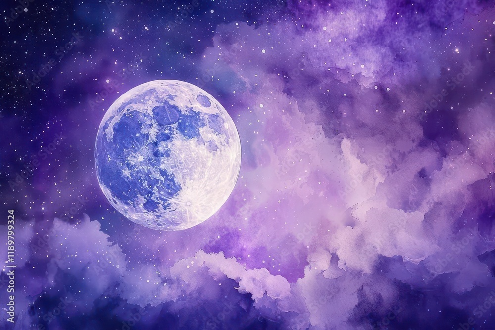 Obraz premium A serene night sky featuring a large moon surrounded by purple and blue clouds.