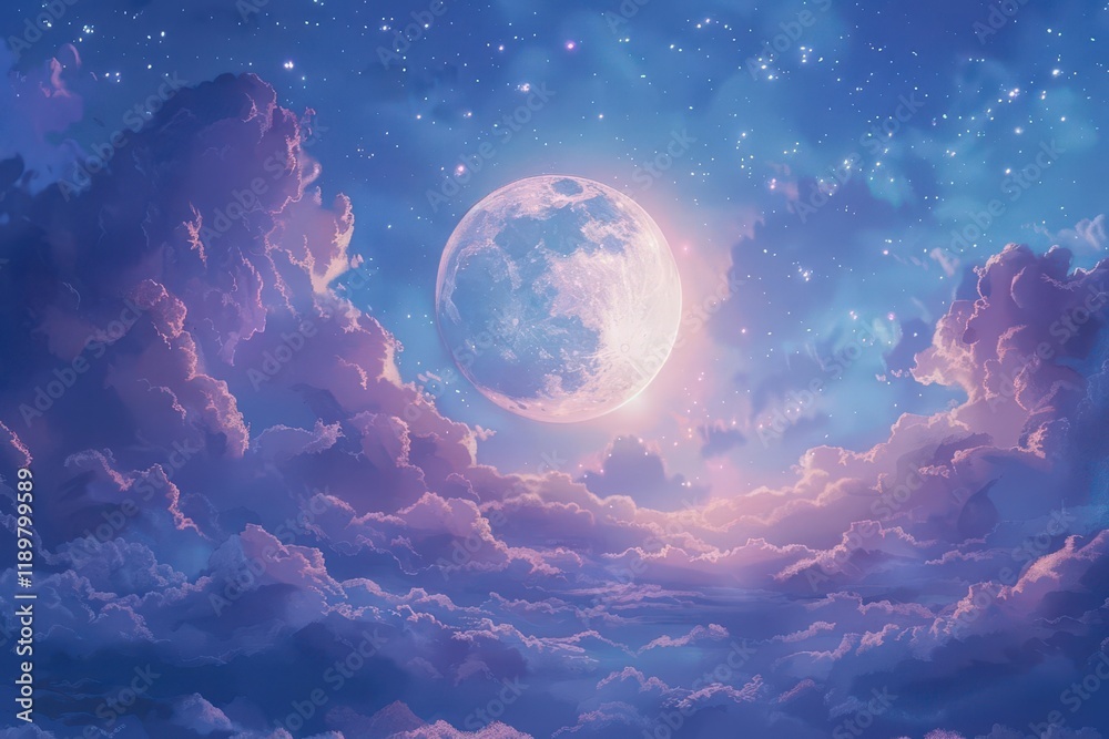 Obraz premium A serene night sky filled with clouds and a glowing moon, evoking tranquility and wonder.