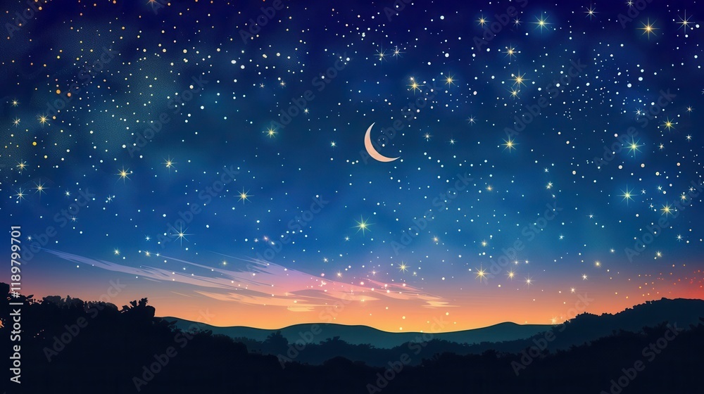 A serene night sky filled with stars and a crescent moon over rolling hills at dusk. A serene night sky filled with stars and a crescent moon over rolling hills at dusk.