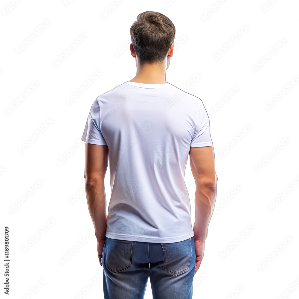 Young man stands with his hands positioned in an artistic scale while facing away presenting a stylish mockup of a plain white t shirt in a well lit space Young man stands with his hands positioned in an artistic scale while facing away presenting a stylish mockup of a plain white t shirt in a well lit space
