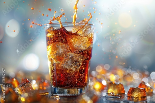 Vibrant Image of Pooring Soft Drink in a Glass with Ice photo