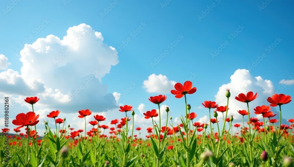 Field of black cumin sativa flowers against a clear blue sky with fluffy white clouds, sativa, blooming, meadow Field of black cumin sativa flowers against a clear blue sky with fluffy white clouds, sativa, blooming, meadow