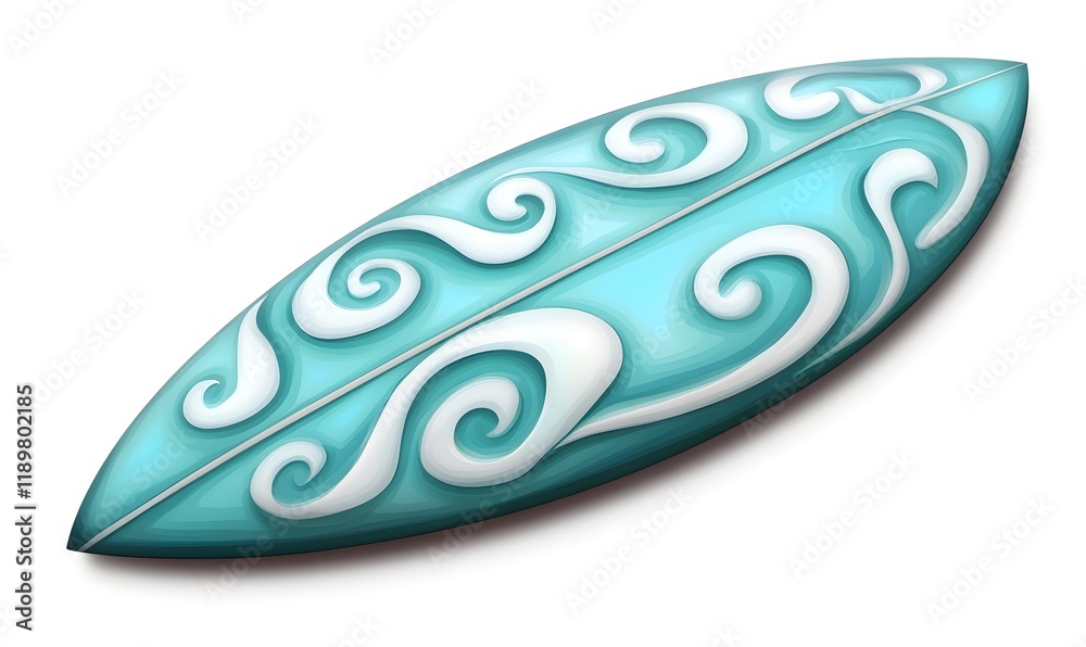 Teal surfboard with white swirl design. Teal surfboard with white swirl design.