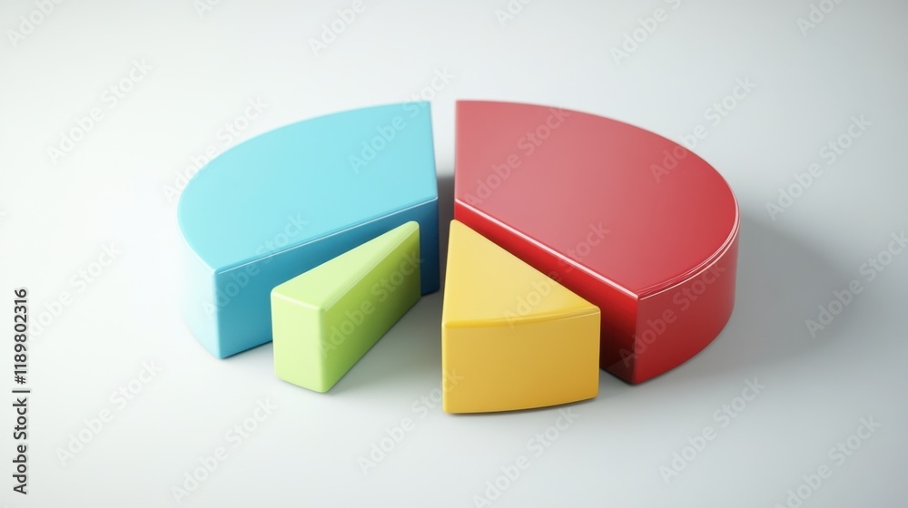 A colorful pie chart with distinct segments floating above a white surface, ideal for presentation themes. A colorful pie chart with distinct segments floating above a white surface, ideal for presentation themes.