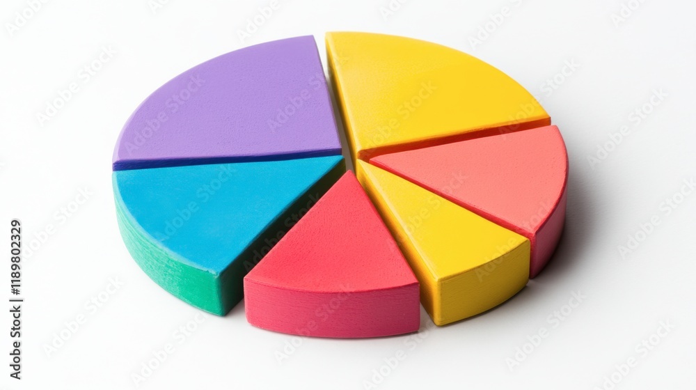 A colorful pie chart with distinct segments floating above a white surface, ideal for presentation themes. A colorful pie chart with distinct segments floating above a white surface, ideal for presentation themes.