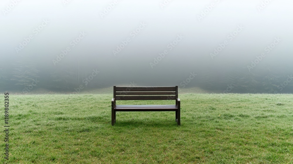 Tranquil Wooden Bench in Foggy Grass Landscape Serenity Scene Tranquil Wooden Bench in Foggy Grass Landscape Serenity Scene