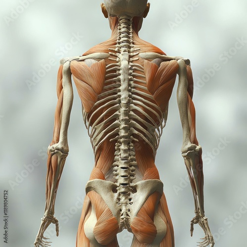Hyper-Realistic Human Skeleton with Multifidus Muscle on Spinal Column Back View photo