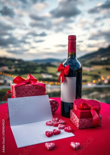 Wine bottle, red gift boxes, love letter, heart-shaped candies, romantic sunset, cloudy sky, blurred city lights, red tablecloth, Valentine's Day setting, outdoor scene, dramatic lighting, bokeh effec photo