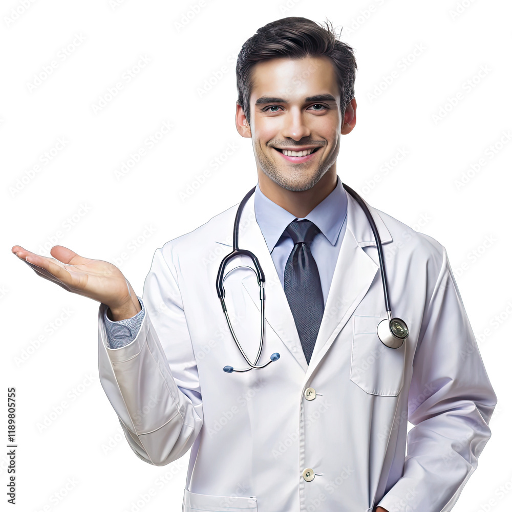 Young male doctor with a joyful expression gestures invitingly wearing a white coat and stethoscope radiating warmth and approachability in a clinical environment Young male doctor with a joyful expression gestures invitingly wearing a white coat and stethoscope radiating warmth and approachability in a clinical environment