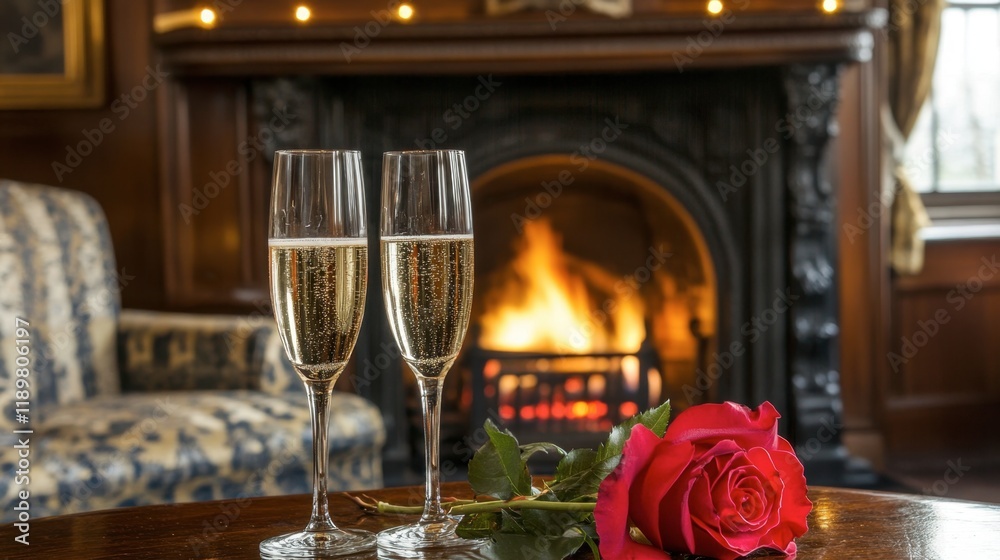A pair of champagne flutes clinking in front of a roaring fireplace, with a red rose in the foreground. A pair of champagne flutes clinking in front of a roaring fireplace, with a red rose in the foreground.