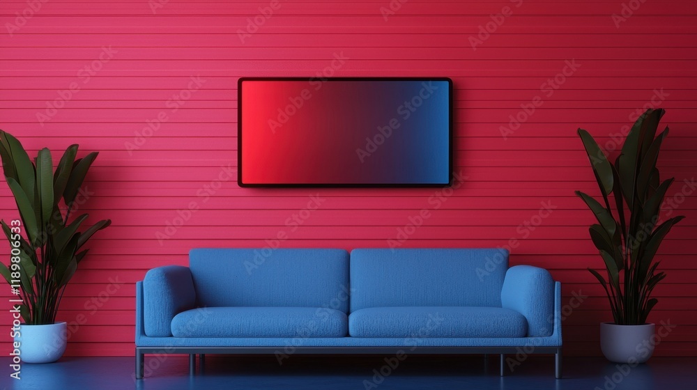 Obraz premium Modern Living Room with Blue Sofa and Red Wall Background