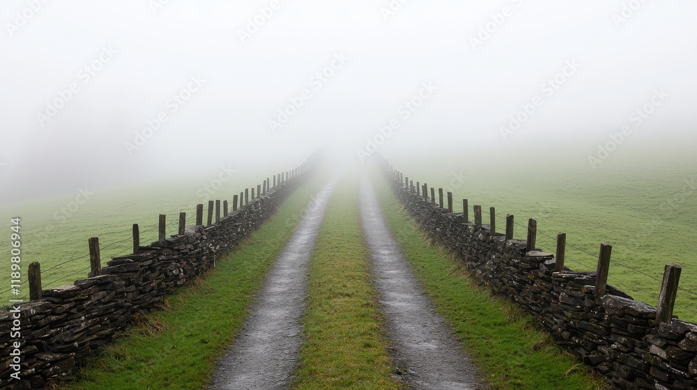 Fototapeta premium Foggy Pathway Through Green Fields with Stone Wall Fencing