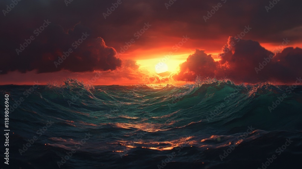 A picturesque sunset over the ocean, with waves glowing orange and pink from the fading light.