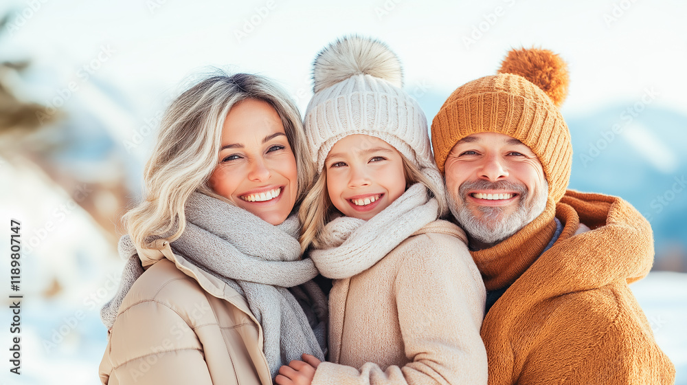 Fototapeta premium Smiling caucasian family in warm winter clothing enjoying snowy day outdoors.