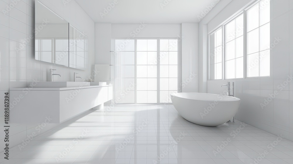 Fototapeta premium A pristine white bathroom featuring a double sink, emphasizing clean lines and a modern design.