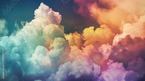 a whimsical wonderland where clouds take the shape of mythical creatures, white space in the center of the page for text, vibrant and surreal hues against a dark background photo