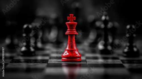 A red king chess piece prominently stands out on a chessboard, with blurred black chess pieces in the background, emphasizing its significance and central role in the game. photo