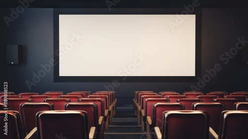 A row of seats facing a wide-format blank screen and stage, designed for presentations or performances. photo