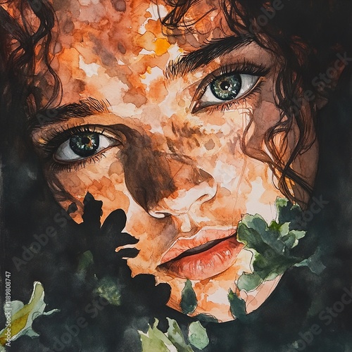 Watercolor Portrait of a Woman: Melancholic Gaze photo